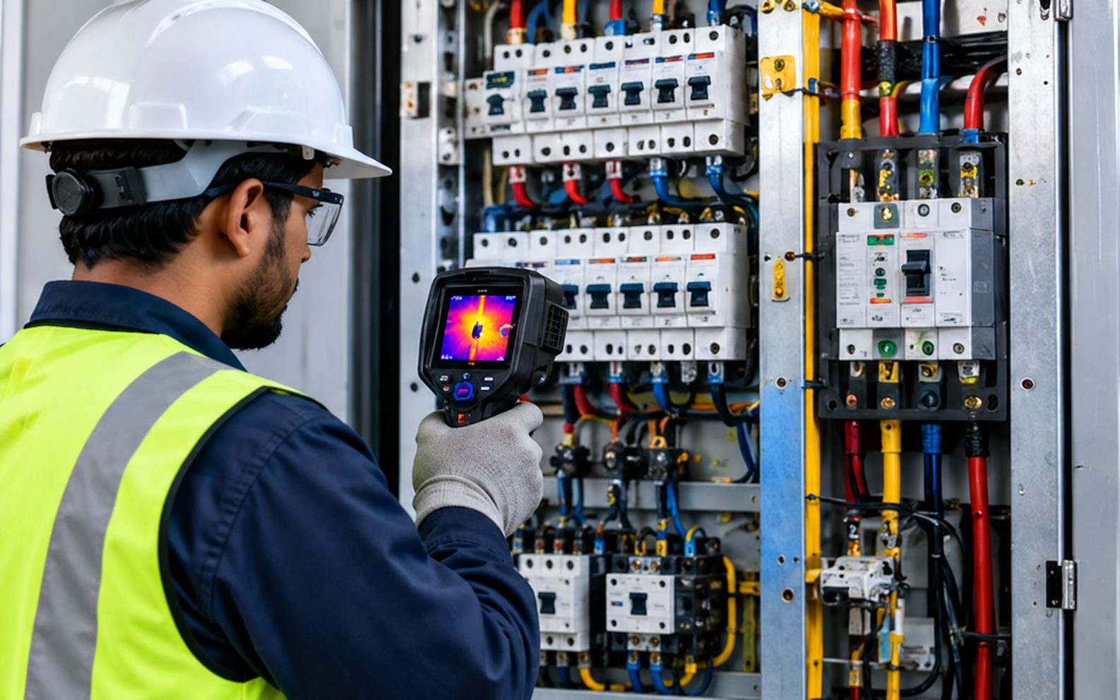 Engineer examining electrical panel systems