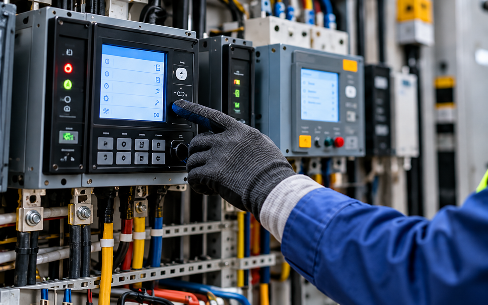 Technician assessing industrial electrical equipment